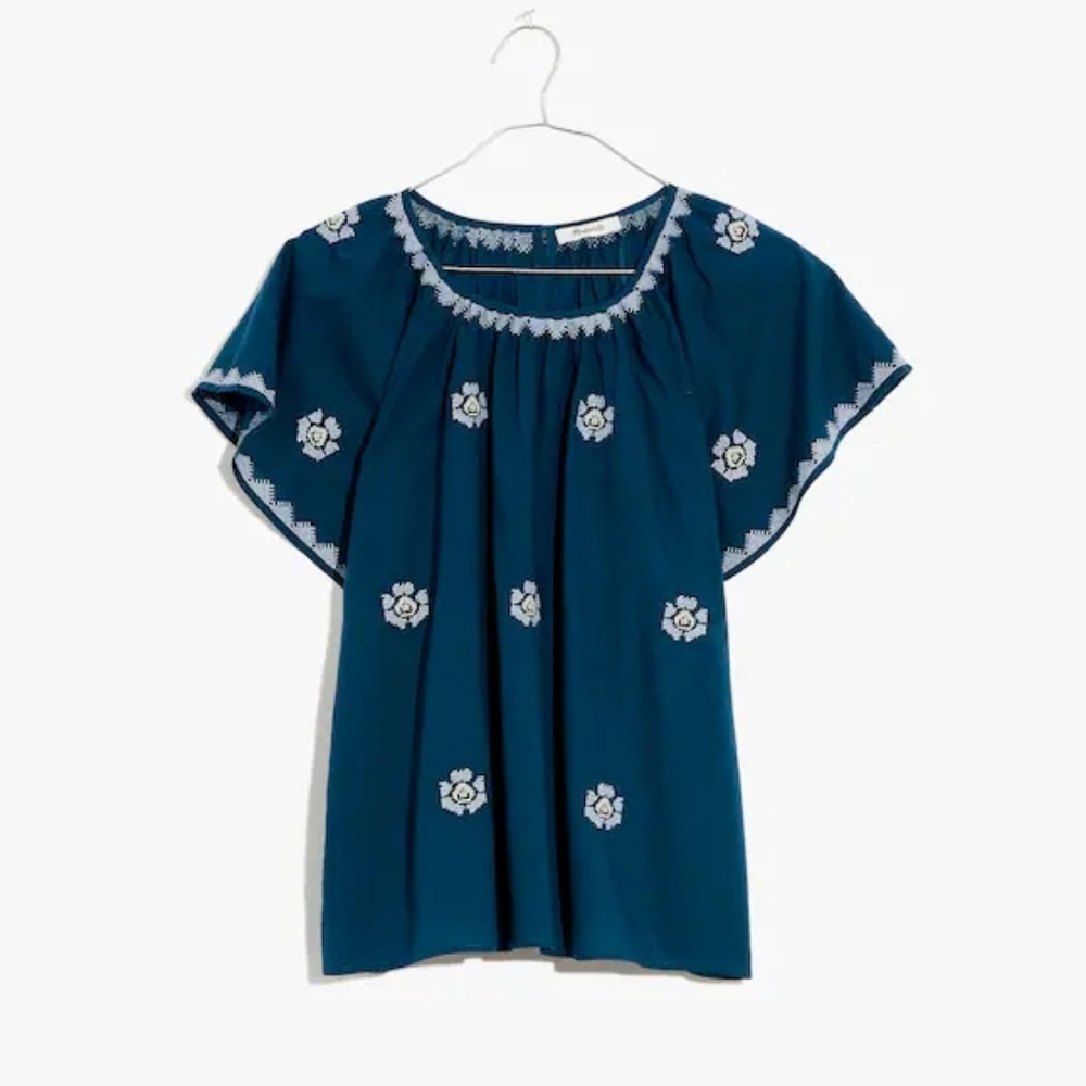Madewell Blue Embroidered Flutter-Sleeve Top Blouse - Size Small S